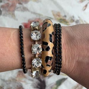 4 separate bracelets, all from Express, leopard bangle, rhinestones